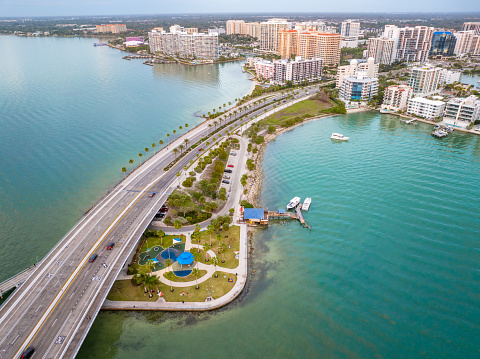 Bridge over Sarasota Bay with Skyline from a drone point of view.