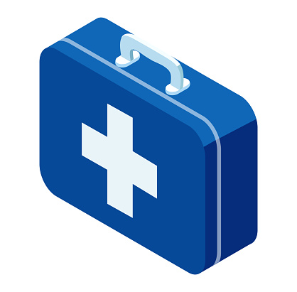 Isometric blue first aid kit with white cross. Medical emergency box for healthcare. Safety, first responder equipment vector illustration.