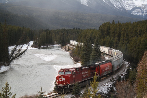 Abbotsford, British Columbia / Canada - March 3, 2019: Canadian National potash train rolling through Abbotsford, BC.