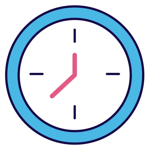 Vector illustration of Minimalistic blue and pink clock showing ten past ten. Simple wall clock design with no numbers. Time management concept vector illustration