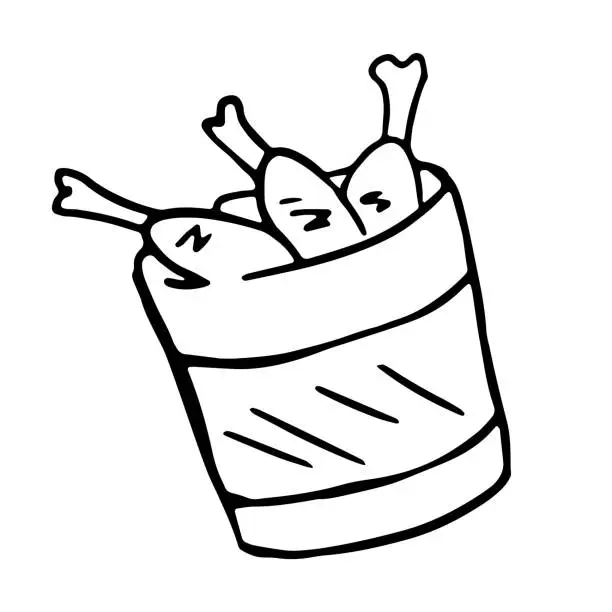 Vector illustration of Fried chicken in a bucket in doodle style. Fast food illustration.