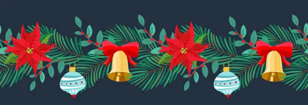 Vector illustration of Christmas seamless border ornament with bells, poinsettia, fir branches.