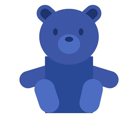 Blue teddy bear toy sitting. Cute plush bear on white background. Child s plaything vector illustration.