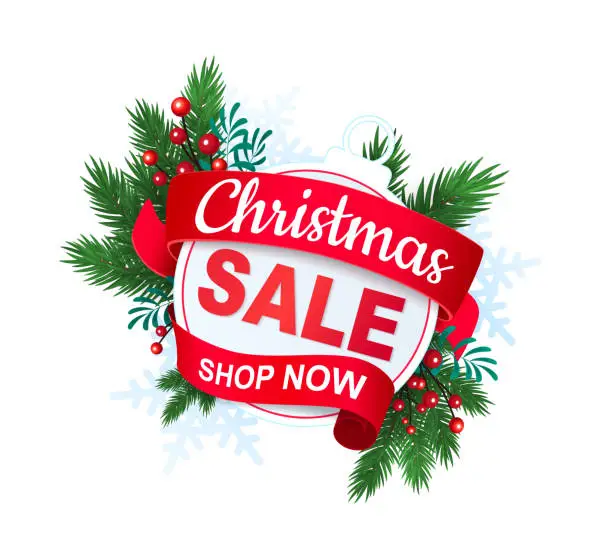 Vector illustration of Christmas sale element with ball, berries and fir branches.