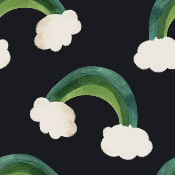 Seamless pattern with symbols of Ireland. Wrapping paper for St. Patrick's Day. Watercolor in vintage style on a black background