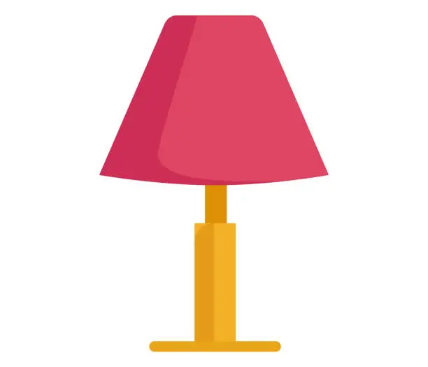 Vector illustration of Pink shade table lamp with yellow base on white background. Modern interior lighting design vector illustration