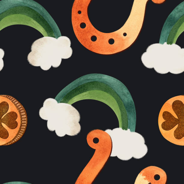 Seamless pattern with symbols of Ireland. Wrapping paper for St. Patrick's Day. Watercolor in vintage style on a black background