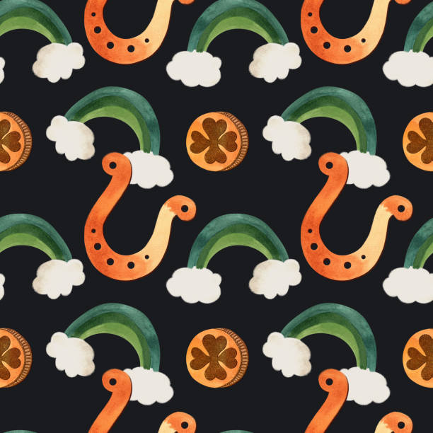 Seamless pattern with symbols of Ireland. Wrapping paper for St. Patrick's Day. Watercolor in vintage style on a black background