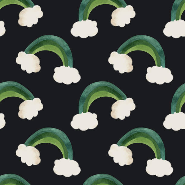Seamless pattern with symbols of Ireland. Wrapping paper for St. Patrick's Day. Watercolor in vintage style on a black background