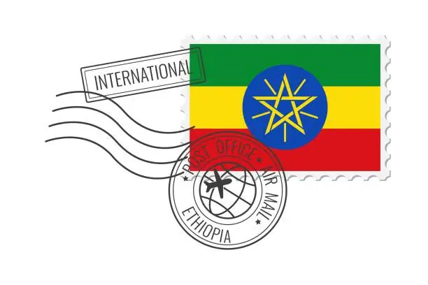Vector illustration of Ethiopia postage stamp. Postcard vector illustration with Ethiopian national flag isolated on white background.