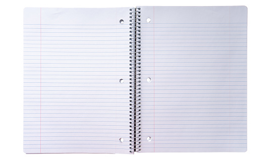 Notebook paper isolated on white background. Clipping path included.