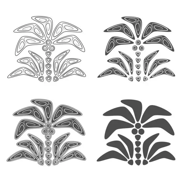 Vector illustration of Abstract vector illustration with tropical palm tree. Black and white isolated objects in polynesia style.