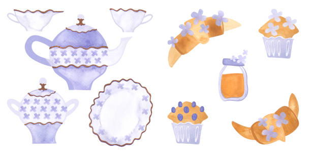 illustrazioni stock, clip art, cartoni animati e icone di tendenza di a set for an english tea party: a teapot, a cup, a saucer, a milk jug, a sugar bowl in a classic style with gold decor, cupcake, croissant and a jar of honey. isolated watercolor illustration - fruitcake food white background isolated on white