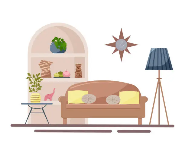 Vector illustration of Modern living room design with furniture. A sofa, a table with a flower pot, a floor lamp and a bookcase with figurines and candles.