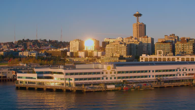 AERIAL Along the waterfront of the Belltown neighborhood of Seattle, WA