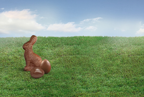 Chocolate Easter bunny and chocolate eggs on a grass lawn