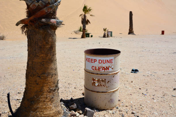 There is a garbage barrel container with a warning sign next to a palm tree on the sand near the dune