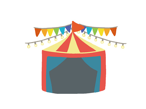 Simple hand-drawn illustration of garland, tent and circus hut