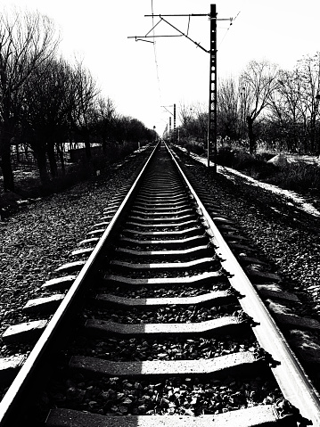 Black and white  oregon railroad tracks