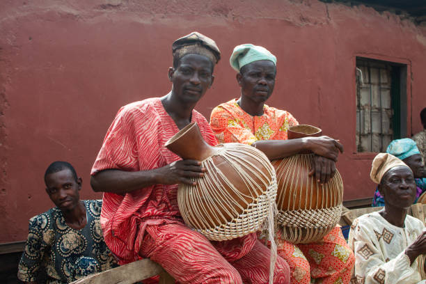 Drummers in Ibadan Nigeria 4 April 2017, Ibadan Nigeria: Image captured during Nigerian Photography Classroom group at a photowalk in aimed at vising the Olu Ibadan of Ibadan land in Nigeria. oyo state stock pictures, royalty-free photos & images