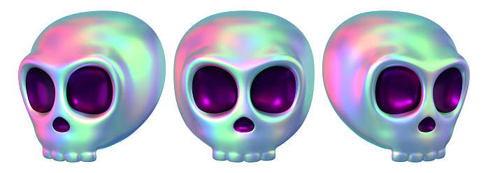 Cartoon set of iridescent metal skulls for a fun Halloween design. 3D rendering