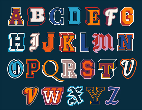 Set of collegiate athletic letters. Vintage university alphabet font elements for sports prints. Retro patches for printing on fabric. Cartoon flat vector collection isolated on dark background