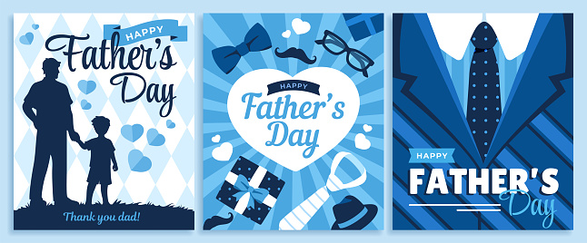 Set of Happy Fathers Day poster. Collection of greeting cards with loving father and son, dad or parent. Design for holiday celebration. Cartoon flat vector illustration isolated on background
