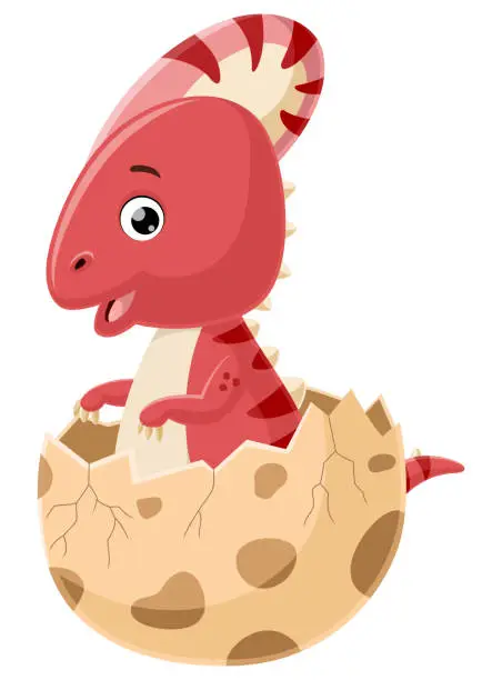 Vector illustration of Cute baby parasaurolophus cartoon hatching from egg