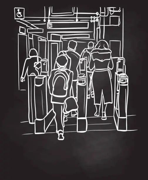 Vector illustration of Train Station Rush Hour Blackboard