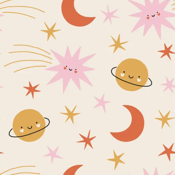Vector illustration of Vector seamless pattern with cute smiling stars and planets
