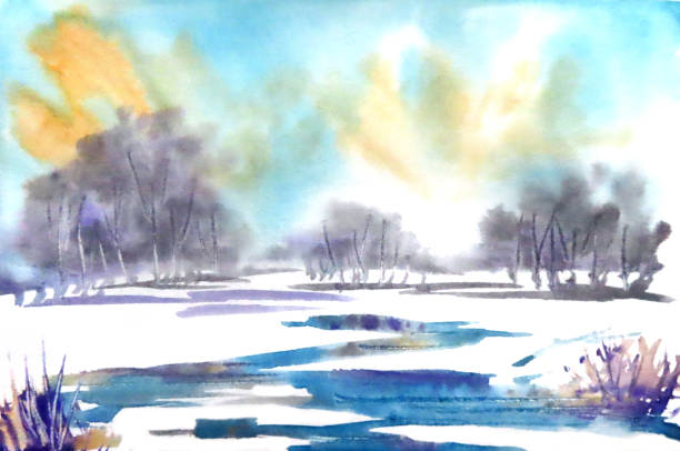 istock winter snowy landscape with trees and river, watercolor painting 1976201090