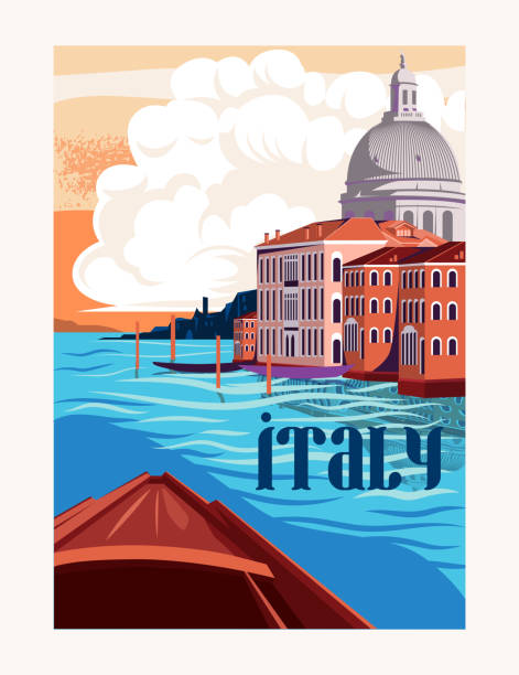Travel Destination Poster. Beautiful cityscape of Italian city of Venice with canals and gondolas. European summer vacation or journey. Cartoon flat vector illustration isolated on white background