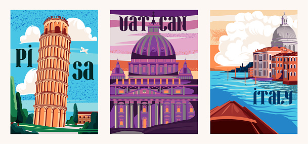 Travel Destination Posters Set. Postcard with Italy tourist attractions. Journey in Europe. Architecture of Pisa, Venice and Vatican. Cartoon flat vector illustrations isolated on white background