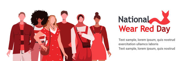 National Wear Red Day. National Wear Red Day. Wear red to raise awareness about cardiovascular disease and help save lives. A group of young people in red clothes. Modern concept for website development, social media, template web, banner. red clothing stock illustrations