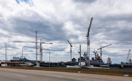 Building warships and the economy of Norfolk. View from Berkley Bridge on Elizabeth River in Norfolk, Virginia