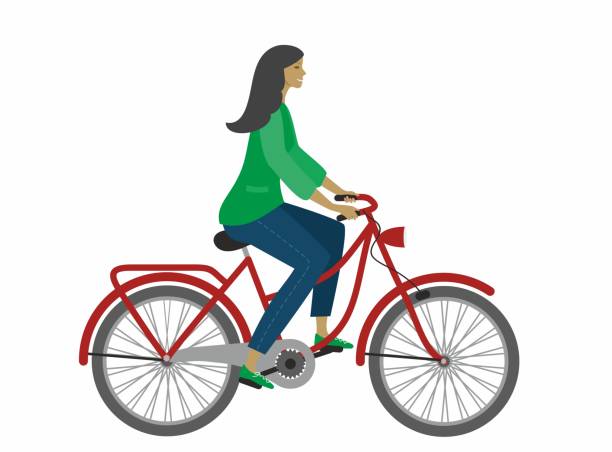 woman, girl going by bicycle. isolated. vector illustration. - bicycle racing bicycle isolated red stock illustrations