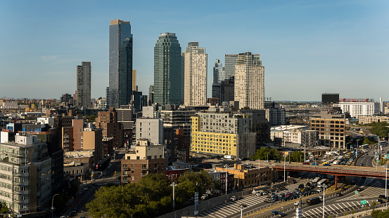 Long Island City panoramic view with the highway at the front and Pulaski Bridge.