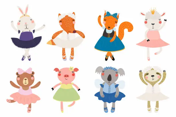 Vector illustration of Cute little animals ballerinas set