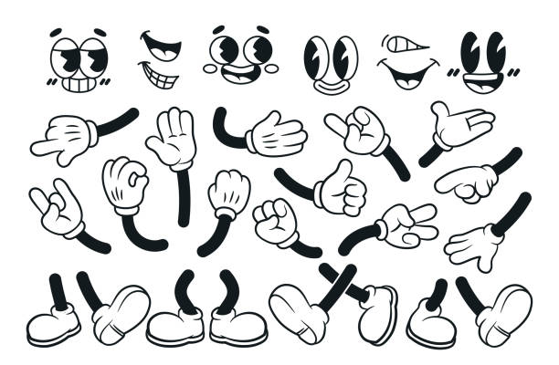 illustrazioni stock, clip art, cartoni animati e icone di tendenza di set vettoriale di elementi della mascotte dell'annata - arto parte del corpo