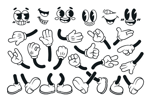 Set of vintage mascot elements. Line icons of arms, legs and facial expressions to create character in 30s style. Retro body parts. Cartoon outline vector collection isolated on white background