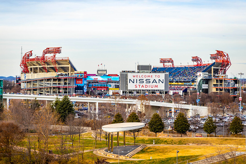 Nashville, TN, USA - 12-24-2023: Scenic view of downtown Nissan stadium in Nashville after a game