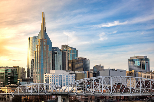Nashville, TN, USA - 12-24-2023: Scenic view of downtown Nashville skyline and Cumberland river at sunset