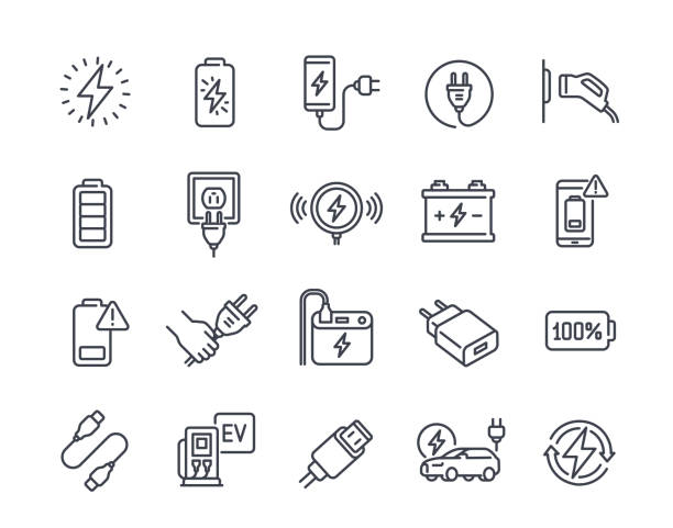 Vector Set of linear charging icons Set of linear charging icons. Black and white sign with battery, USB, electricity, charging station, energy power. Design element for app. Outline simple vector collection isolated on white background iphone-battery stock illustrations