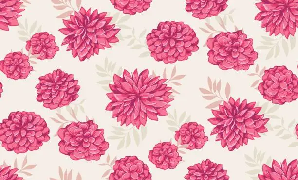 Vector illustration of Bright red abstract artistic floral and shape leaves seamless pattern on a beige background. Stylized flowers peonies, dahlias printing. Vector hand drawn illustration. Design for fashion,  textiles