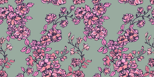 Stylized blooming wild meadow seamless pattern. Abstract artistic spring pink branches flowers and leaves, buds on a green background. Vector drawn illustration. Design for printing, fabric, fashion