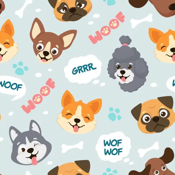 Vector illustration of Cartoon puppies. Cute dogs faces pattern with woof speech bubbles for pet lovers, dog related seamless vector illustration