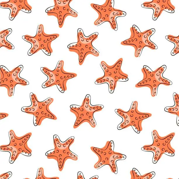 Vector illustration of Abstract seamless pattern with starfish in line art style. Summer undersea design for fabric printing, textile. Vector illustration on a white background.