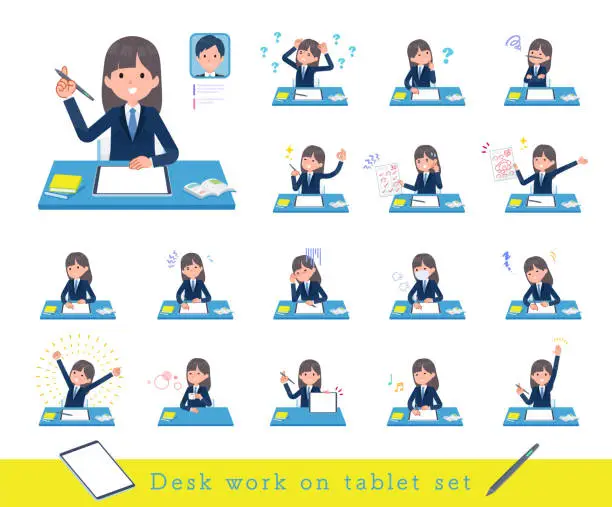 Vector illustration of A set of navy blazer student women studying on a tablet device