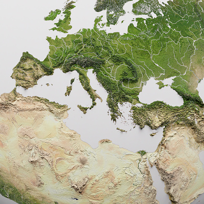 3D Render of a Topographic Map of the World in Eckert III Projection. \nAll source data is in the public domain.\nColor and Water texture: Made with Natural Earth. \nhttp://www.naturalearthdata.com/downloads/10m-raster-data/10m-cross-blend-hypso/\nhttp://www.naturalearthdata.com/downloads/110m-physical-vectors/\nRelief texture: GMTED 2010 data courtesy of USGS. URL of source image: \nhttps://topotools.cr.usgs.gov/gmted_viewer/viewer.htm
