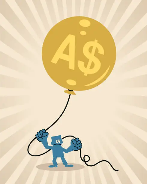 Vector illustration of A blue man desperately holds on to the money balloon flying upwards, the concept of inflation